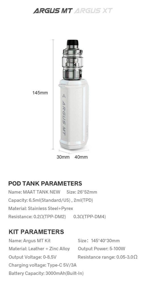 Voopoo Argus MT Pod Kit Specification