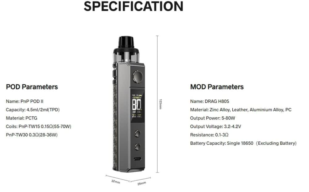 Voopoo Drag H80 S Pod Kit Specification