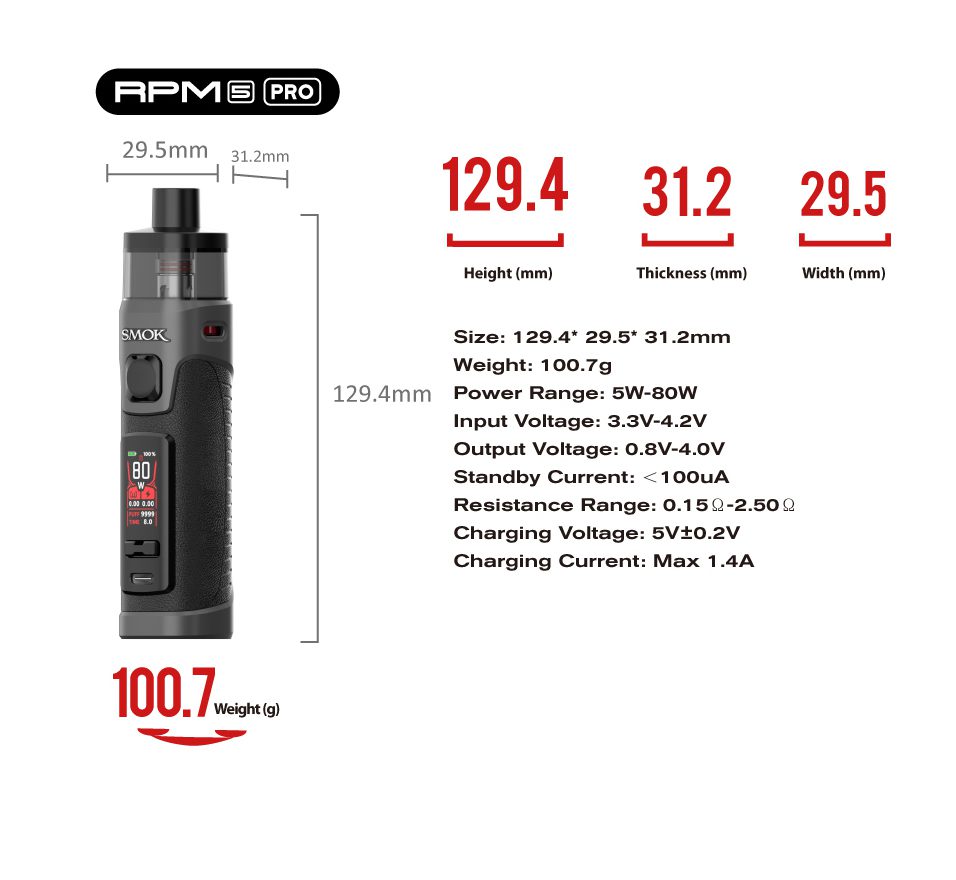 Smok RPM 5 Pro Pod Kit Specifications